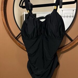 Womens NWT Black AQUA EVE One Piece Bathing Suit  20W Gold Jewel On Strap